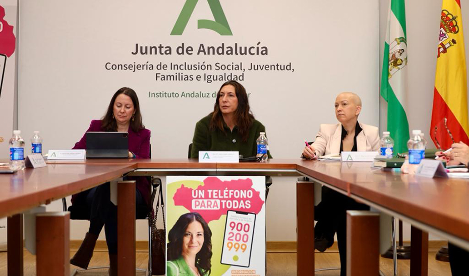 La consejera de Inclusión, Loles López (en el centro), junto a la directora del IAM, Olga Carrión, y la secretaria general de Familias, Concepción Cardesa, en el encuentro que han mantenido con las ocho coordinadoras de los Centros Provinciales de la Mujer. 